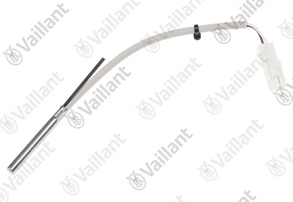 Vaillant Sensor mit einem Metallstab und Anschlusskabel, zur Temperaturmessung eingesetzt, im mittleren Bereich gebogen und mit einem Clip versehen.